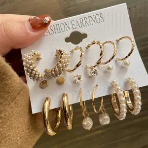 LUXJELWEL - Baroque Retro Gold Hoop Earrings Set, 6-Piece Faux Pearl Inlaid French Royal Style, Influencer Ear Jewelry Combo