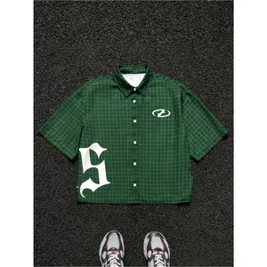 Men's loose-fitting short-sleeve woven white shirt with letter and plaid prints, a must-have streetwear item, with an emo style