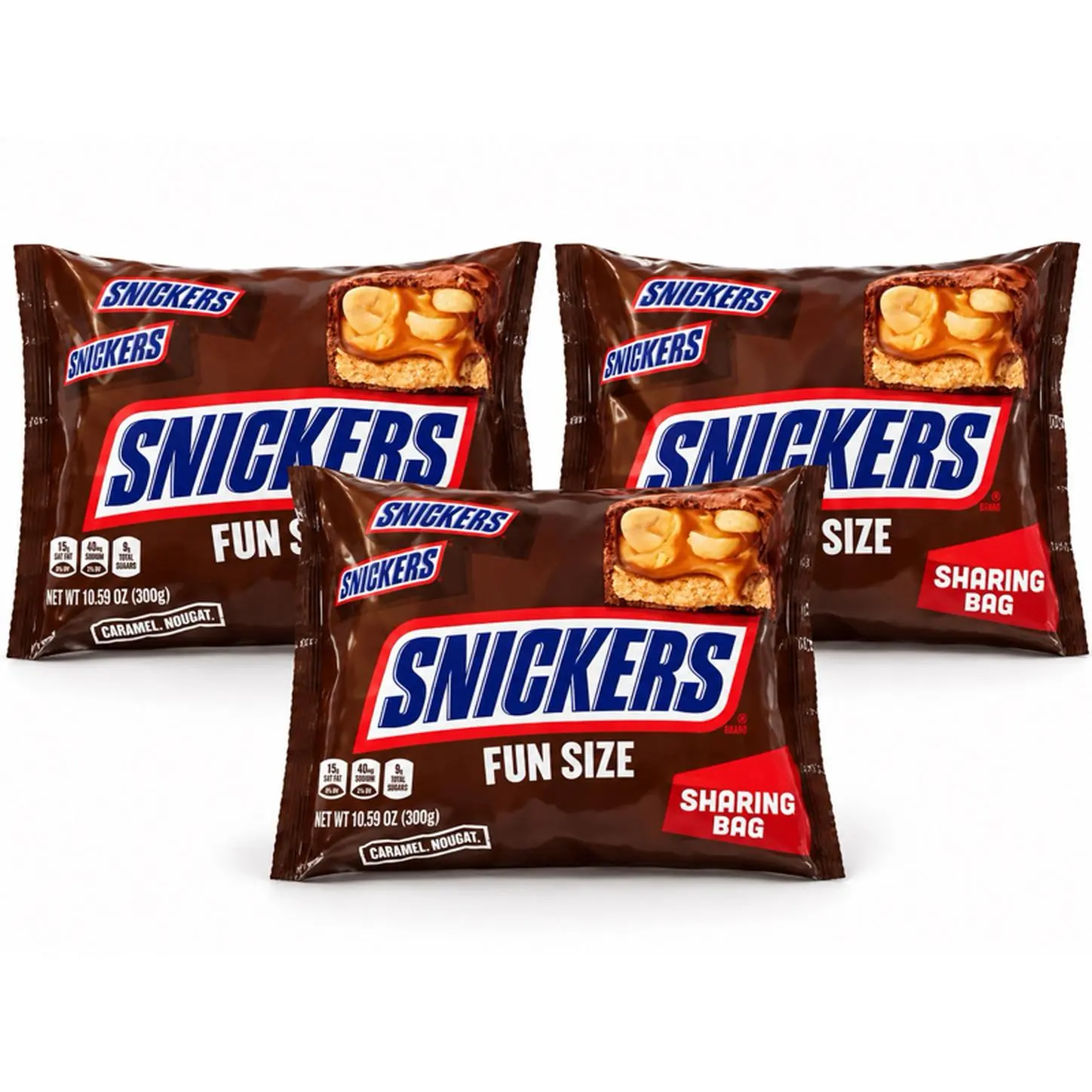 (3 Bags) Snickers Fun Size Sharing Bag - 10.59 oz Caramel-Hougat Flavor - Perfect for Sharing - Ideal for Snacking