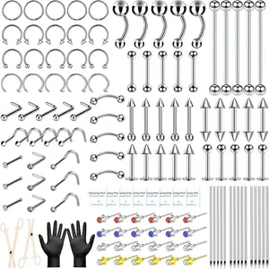 163PCS Body Septum Piercing Kit with 14G/16G/20G Piercing Needles and Tool Set for Ear Nose Belly Button Nipple Lip Cartilage Eyebrow Tongue Navel All Piercings