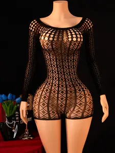 Women's Sexy One-Piece Dress Bodysuit, Stretchy Tight Fit, Mesh See-Through Lingerie Underwear, Exotic Rhombus Grid Print, Nightclub Party