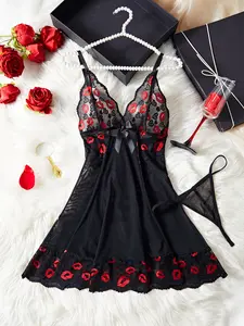 AESKEIA Women's Elegant 2 Piece Lingerie Set, Sleeveless Lip Print Babydoll with Deep V-Neck and Lace Trim, Comfortable Flowy Sleepwear