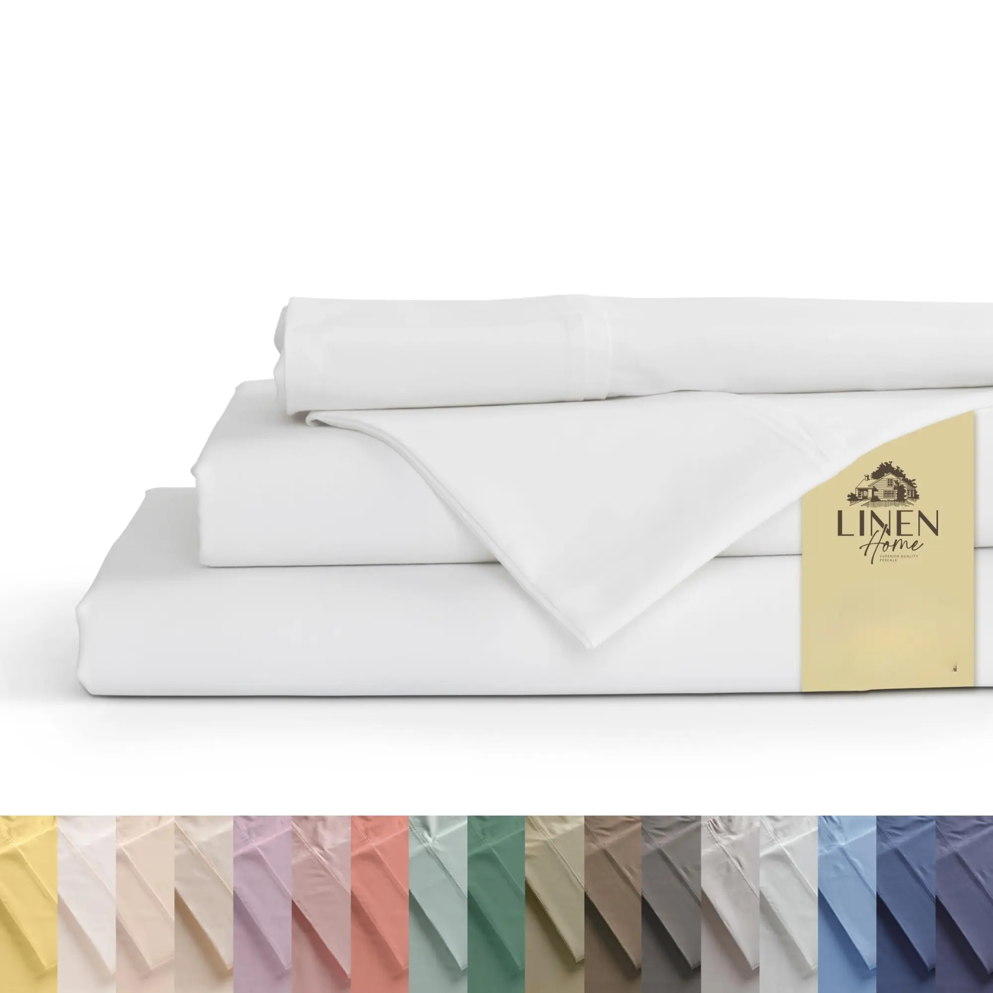 Linen Home 100% Cotton Percale Sheets, Deep Pocket, 3 Pieces Set - 1 Flat, 1 Deep Pocket Fitted Sheet and 1 Pillowcase, Crisp Cool and Strong Bed Linen