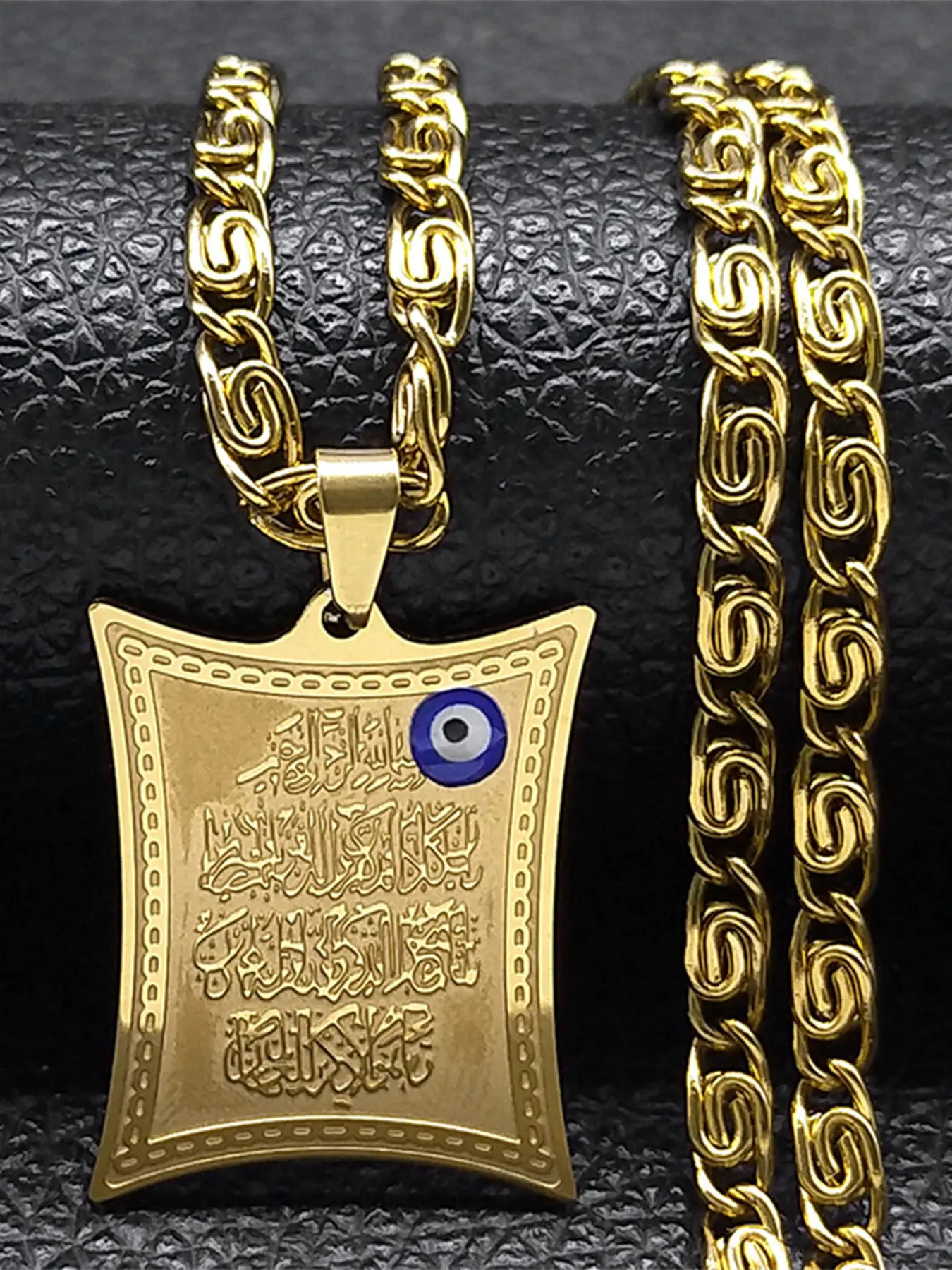 Islamic Muslim Quran Evil Blue Eye Warding Protect Amulet Necklace for Men Women Islamic Culture Stainless Steel Gold Color Chain Turkish Eye Necklaces Islamic Jewelry