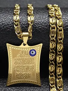 Islamic Muslim Quran Evil Blue Eye Warding Protect Amulet Necklace for Men Women Islamic Culture Stainless Steel Gold Color Chain Turkish Eye Necklaces Islamic Jewelry