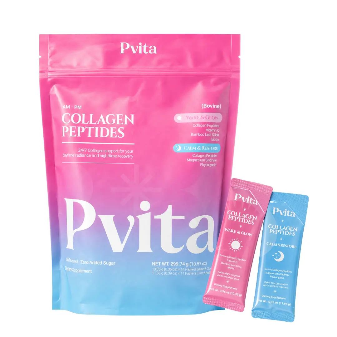 Pvita AM & PM Bovine Collagen Peptides Dietary Supplement, 28 Stick Packs, 20g Daily Serving