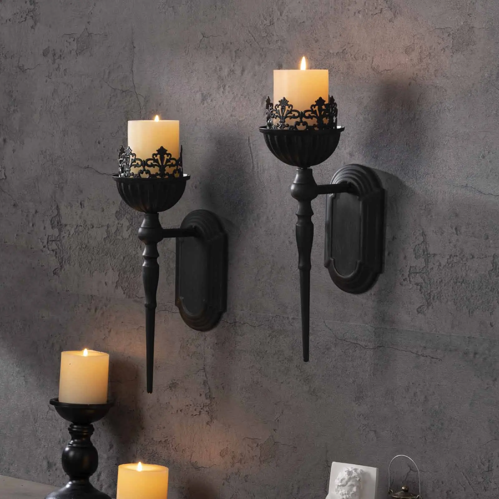 Black Crown and Scepter Design Wall-Mount Metal Candle Holders Set of 2 Gothic Rustic Wall Decor Ornaments Hanging Iron Wall Candle Sconce Holder 15x7x4.7 Inches Interior Decoration Accessories Taper Lanterns Living Room