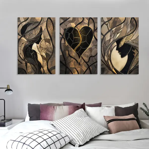 3pcs Black and Golden Romantic Couple Canvas Wall Art Prints - Modern Love Figure, Heart Design, Artistic Triptych Decoration for Living Room, Bedroom - 8x12, 12x16, 16x24, Easy Hanging, UV Resistant, Luxurious Abstract Gift for Home