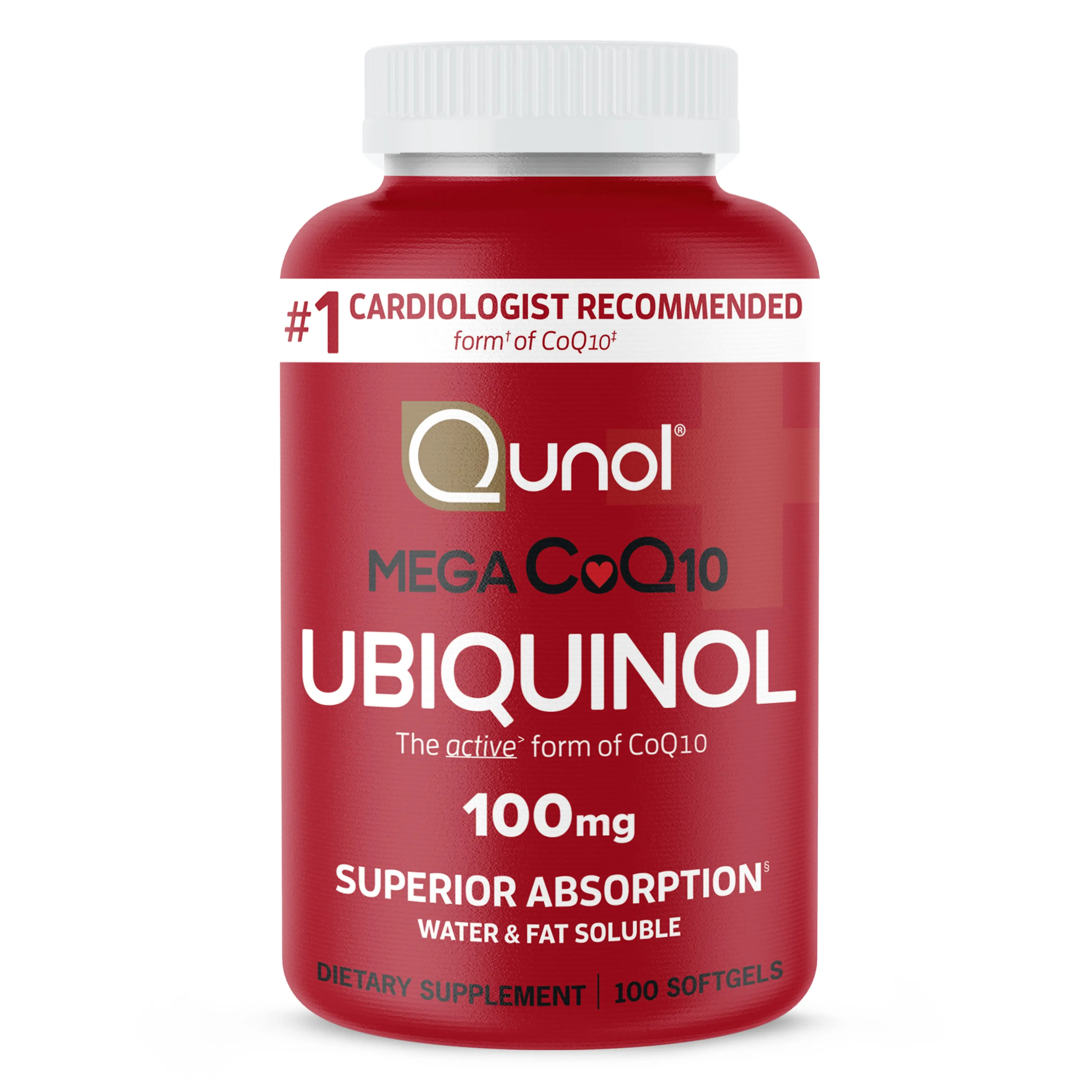 Qunol Mega Ubiquinol 100mg CoQ10, Superior Absorption, Patented Water + Fat Soluble Supplement Form of CoQ10, Antioxidant for Heart Health