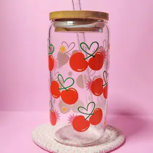 Cherry Hearts Can Glass with Hearts Libbey Glass Aesthetic Drinkware with Bamboo Lid and resuable glass straw