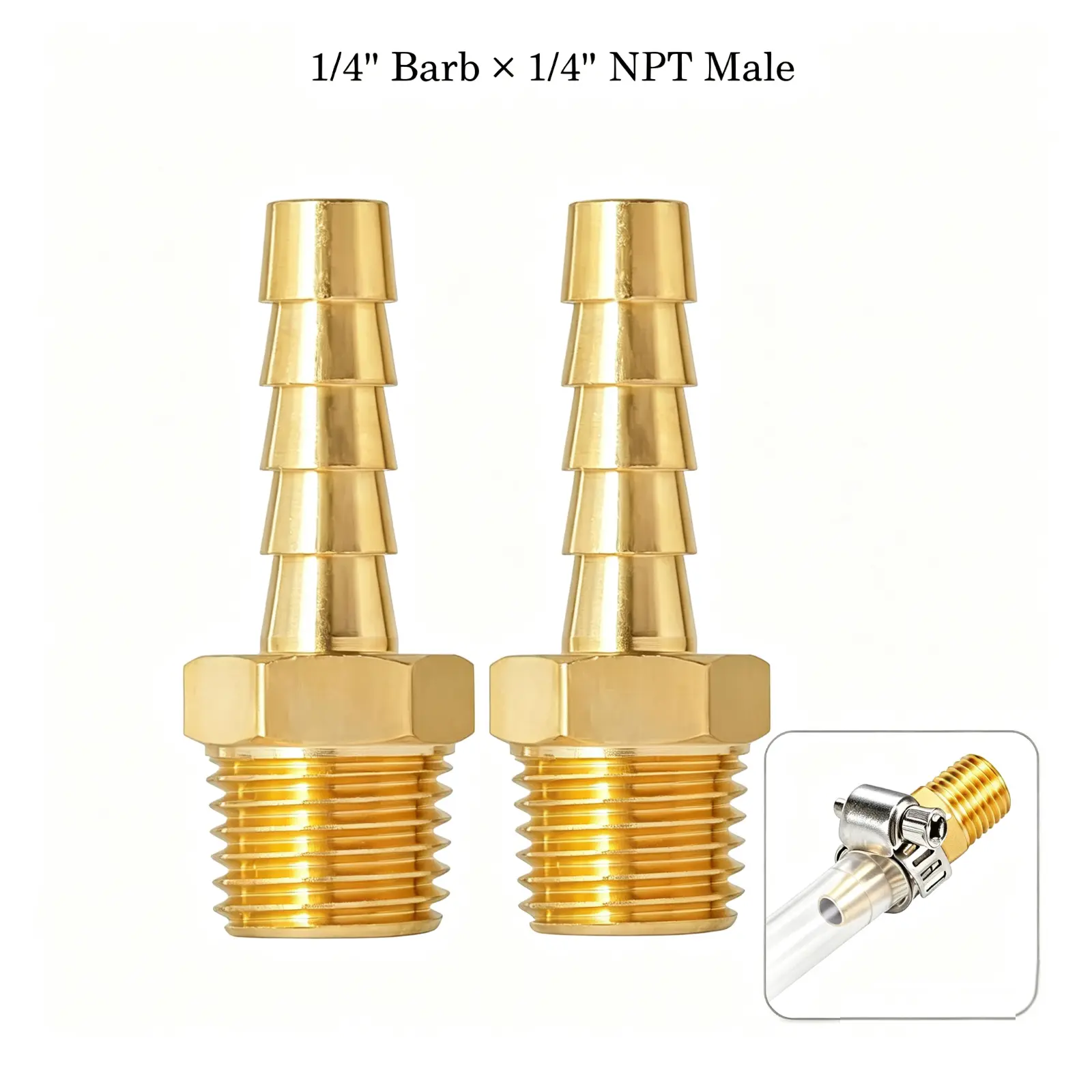 1/4'' NPT Brass Hose Barb Fittings, 2-Pack 1/4'' NPT Male Thread to 1/4 Inch Barbed Air Hose Fittings, Brass Air Line Repair Connectors for Compressor/Fuel/Oil