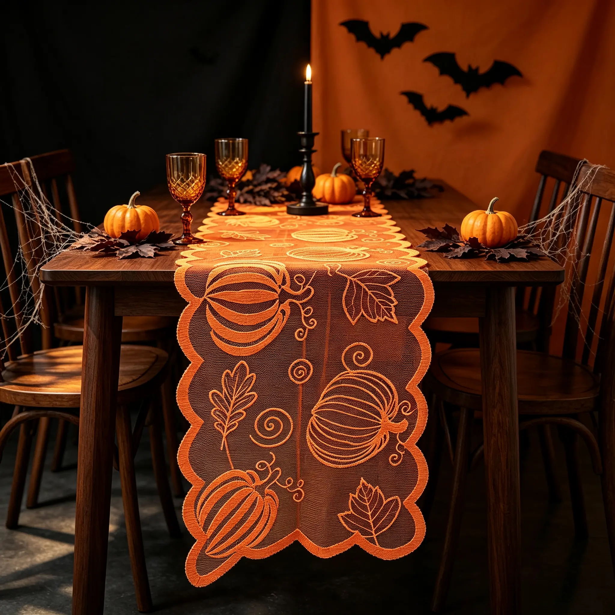 13 x 72 Inches Halloween Fall Lace Table Runner, Fall Home Decor, Maple Leaf and Pumpkin Patterns with Orange Lace, Suitable for Thanksgiving, Harvest Season Decorations