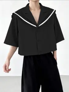 INCERUN Summer Men Shirt Patchwork Navy Collar Short Sleeve Casual Men Clothing Menswear Streetwear Loose Fashion Crop Tops Men Shirts Workwear Basic