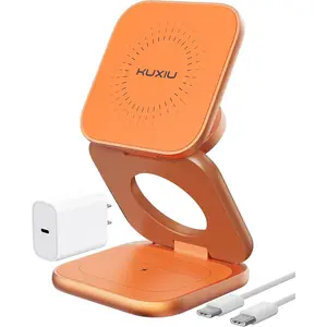 KUXIU Qi2.2 25W Magnetic Wireless Charger, Foldable 3 in 1 Travel Charging Station for iPhone 17/16/15/14/13/12, 5W for Apple Watch & AirPods, Aluminum Alloy Design, with 45W GaN Adapter, Orange