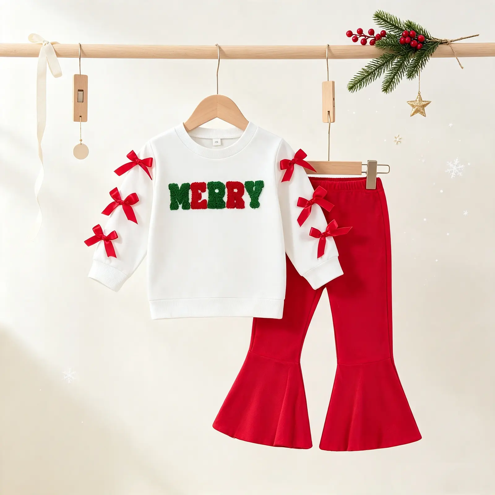 Girls' 2-Piece Soft Cotton Letter Embroidery Sweatshirt & Flare Pants Christmas Outfit Set, Elastane Blend