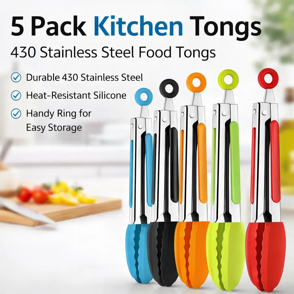 Sturdy 5pcs Silicone Kitchen Tongs Set - 7 inch Mini Size Stainless Steel Cooking Utensils with Soft Tips, Non-Slip Grip, Nonstick, Vibrant, Dishwasher Safe - Kitchen Essential Gadget for Salads, BBQ, Five Pieces