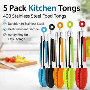 5 Pack Silicone Tongs for Cooking – 7 Inch Small Stainless Steel Tongs with Soft Silicone Tips, Non-Slip Grip, Dishwasher Safe – Great for Salads, Bread, BBQ, Buffet (Multi)