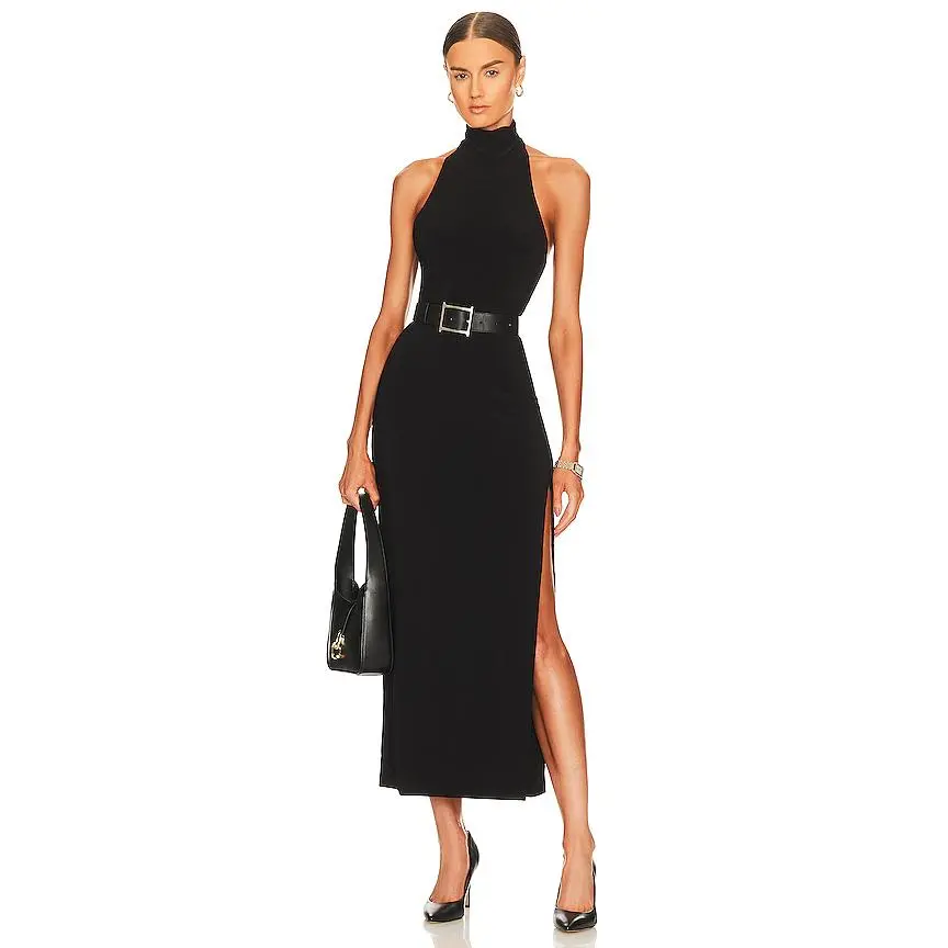 Norma Kamali x REVOLVE Halter Turtleneck Side Slit Gown in Black