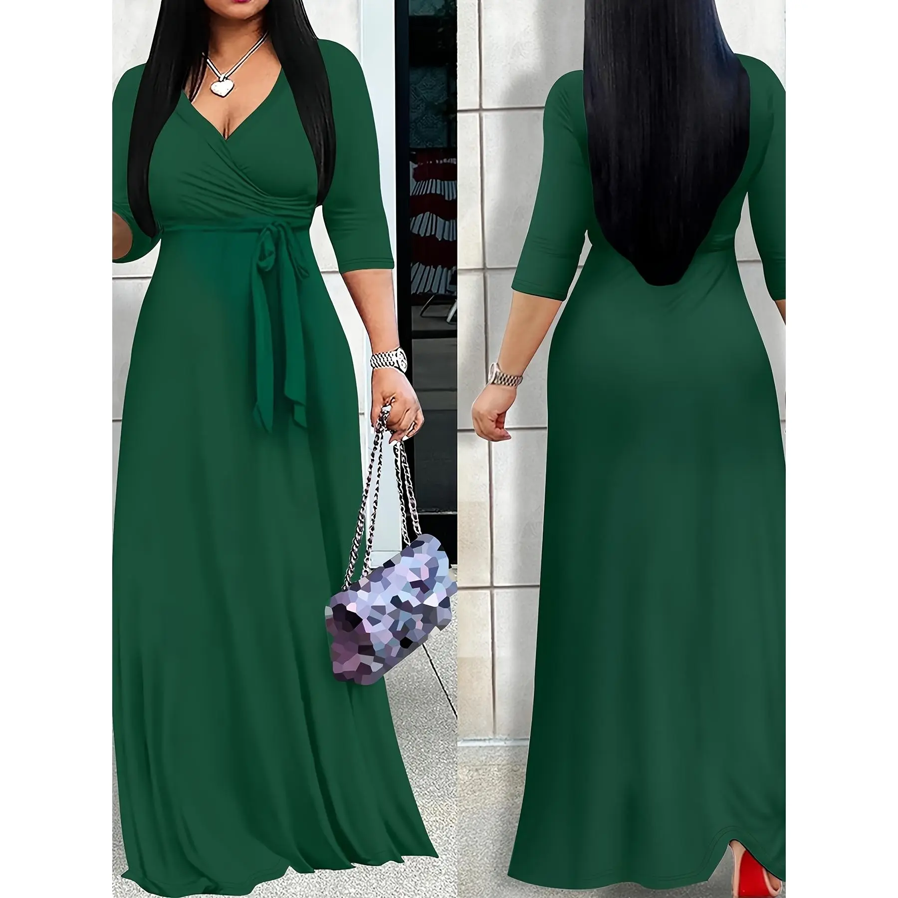 [Flattering Dress] Elegant V Neck Maxi Dress |   3/4 Sleeve, A Hem, Belted, Flowy, Comfortable, Flattering |   Women's Formal Occasion Clothing |   Perfect For Evening Party |   Green Dress