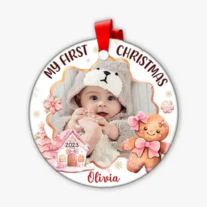 Gift For Baby First Gingerbread Upload Photo Circle Ornament sublimation ornaments