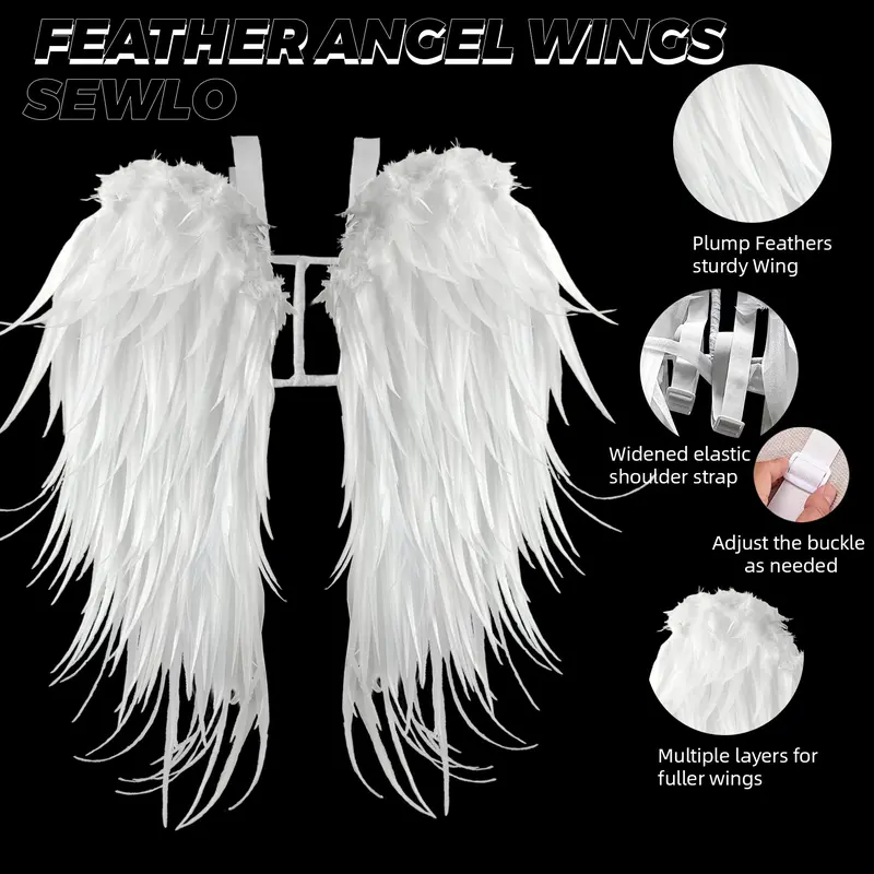 SEWLO Feather Angel Wings - Plump, Sturdy DIY Costume Wings for Halloween, Christmas, and Cosplay with Adjustable Straps