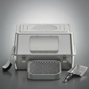 Extra Large Fully Enclosed Stainless Steel Litter Box with Metal Scoop & Brush, 3-in-1 Jumbo Kitty Litter Box with Lid, Odor-Free & 100% Leak-Proof, with Litter Tracking Pedal for Large Cats