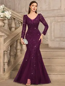MIUSOL 24459A Sequin Floral Lace Deep V-Neck Long Sleeve Mesh Mermaid Hem Elegant Evening Party Dress, Wedding Guest Dress, Formal Dress,Gown