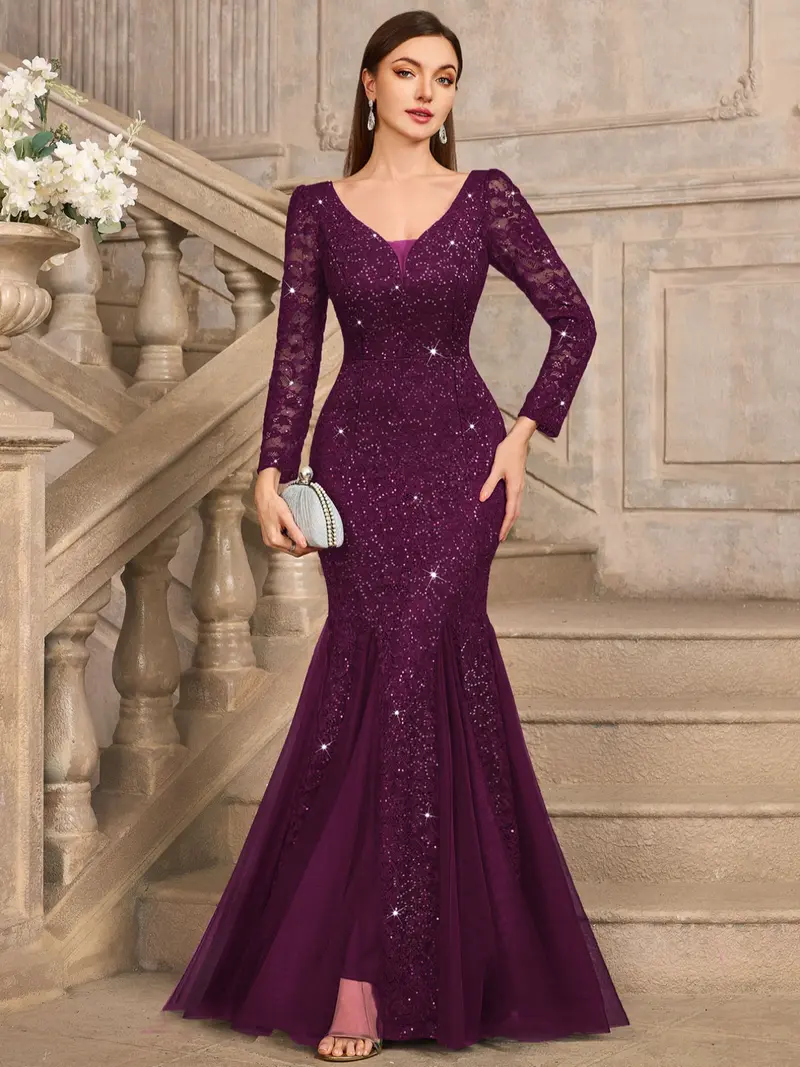 fitted lace wedding dress Long Sleeve Long Wedding-Guest Dress 7482 Emerald / 2