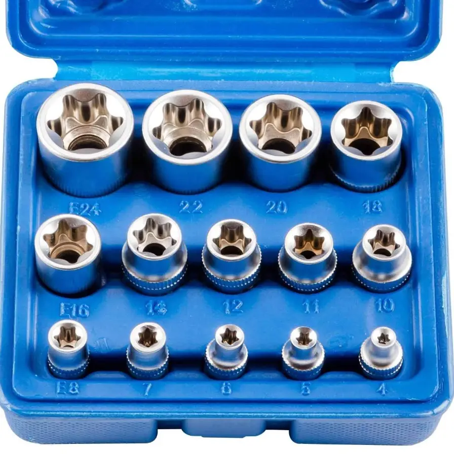 Female E-Torx Socket Set, Cr-V Steel | 14-Piece External Torque E4 - E24 Star Socket Set | 1/4”, 3/8” and 1/2”Drive