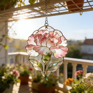 Pink Carnation Stained Glass Suncatcher, Handcrafted Floral Window Hanging, Spring Decor, Mother’s Day Gift Idea