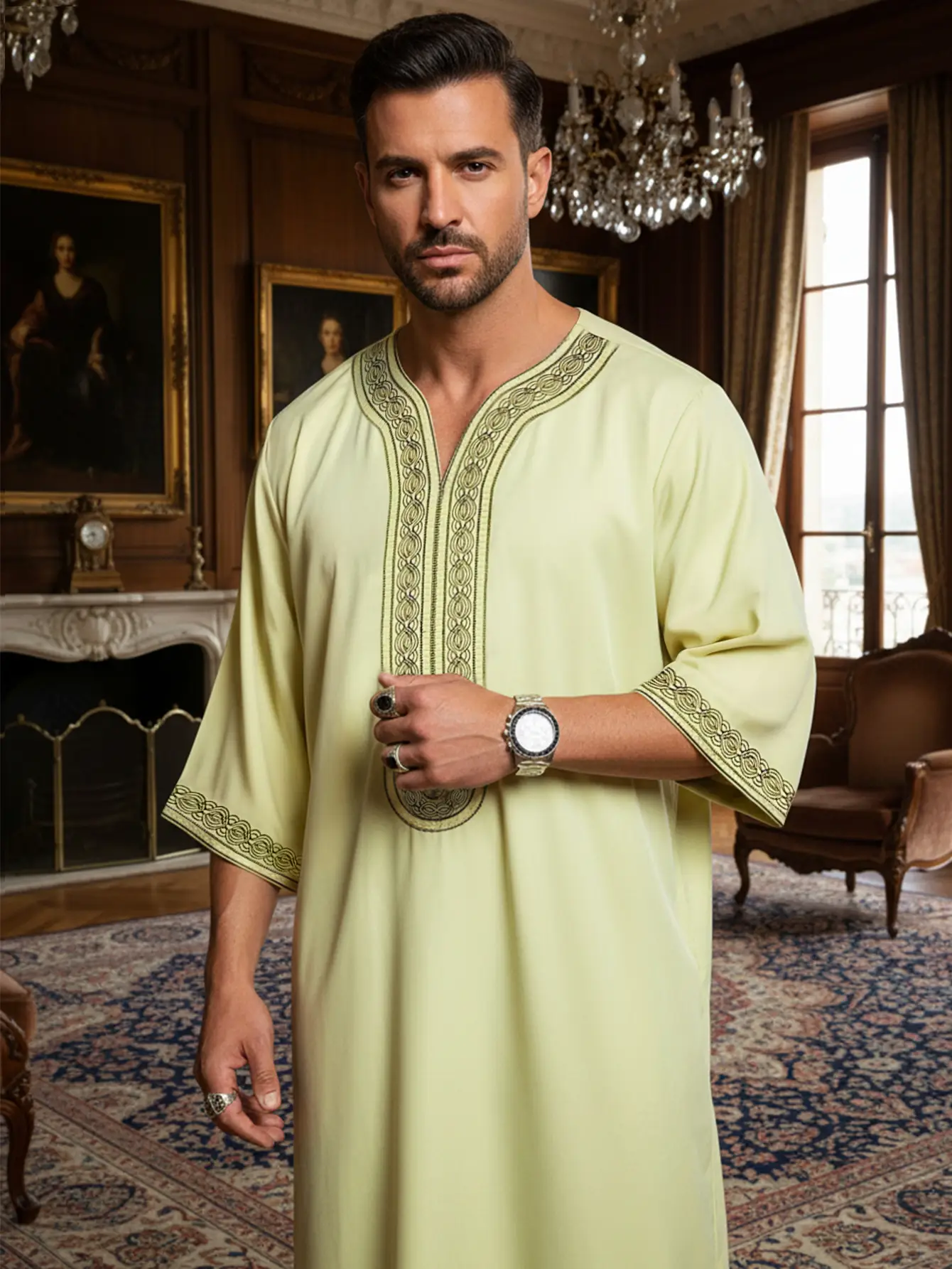 Moroccan Kaftan for Men - Half Sleeve Embroidered Thobe With Pocket, Islamic Clothiing For Daily Wear & Traditional wear