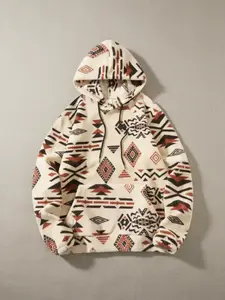 Men's ethnic style geometric printed fleece hooded sweatshirt - Loose fit, tribal pattern, soft and comfortable fabric, suitable for daily casual wear, street retro trend and home outfit, Christmas gift, Graphic print hoodie