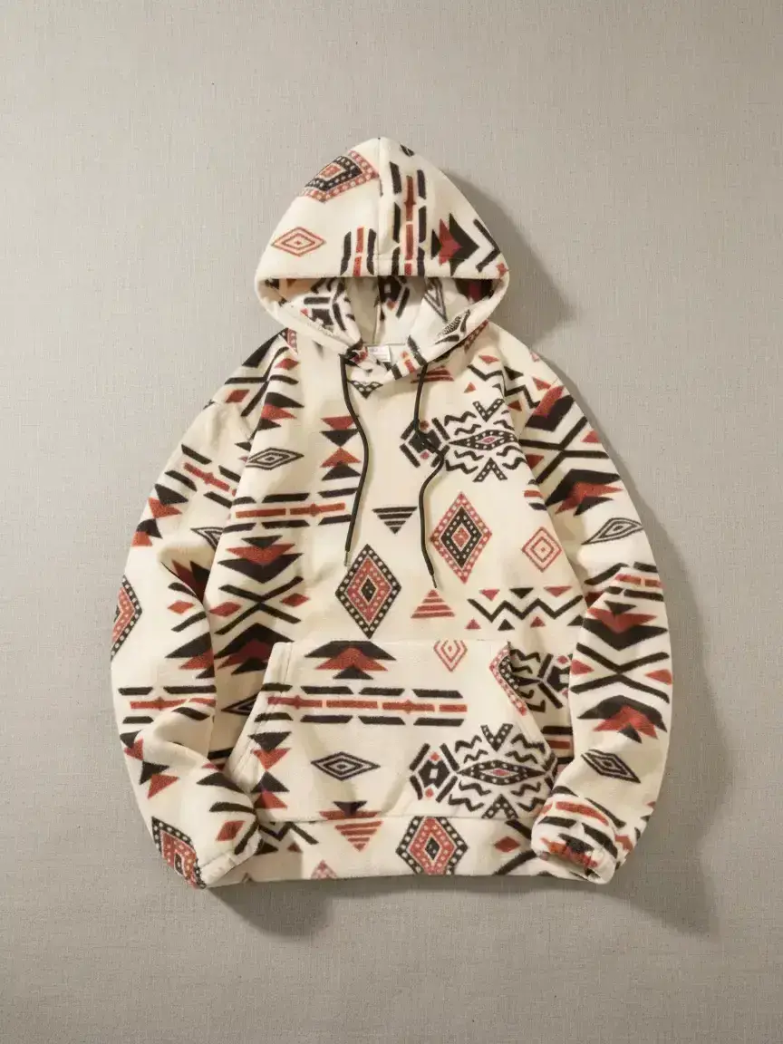 Men's ethnic style geometric printed fleece hooded sweatshirt - Loose fit, tribal pattern, soft and comfortable fabric, suitable for daily casual wear, street retro trend and home outfit, Christmas gift, Graphic print hoodie