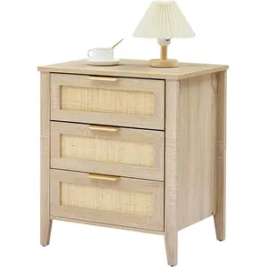 Rattan Nightstand, Bedroom End Table with 3 Drawers and Strong Wood Legs, Rattan Bedside Table, Farmhouse Bed Side Table for Living Room, Entryway, Hallway