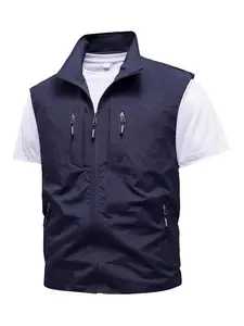 Men's Solid Zip Up Pocket Sports Vest Jacket, Casual Regular Fit Sporty Stand Collar Sleeveless Outerwear for Outdoor Activities, Men's Sportswear for All Seasons