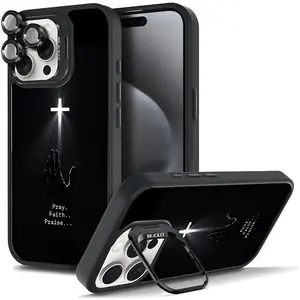 Creative Jesus Pattern Cross Shockproof Casing Hard TPU Metal lens frame Film With Bracket Stand Shockproof Protection Anti-Drop Protective Protector Camera Holder Phone Cases Shell Cover For iPhone 17/16/15/14/13 Pro Max Plus 230