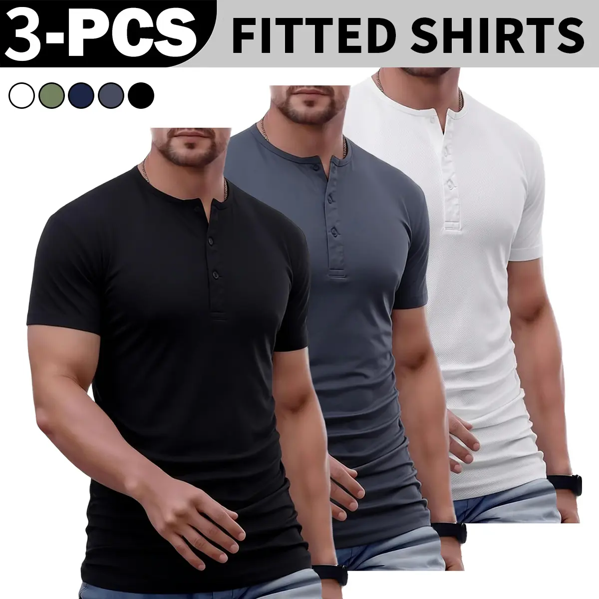 VV Selection Men's Plain Slim-Fitted Henley Crewneck Longline T-Shirt - Activewear for Gym Workout, Daily Wear, Fall 2026 Casual Streetwear Menswear Tops with Buttons