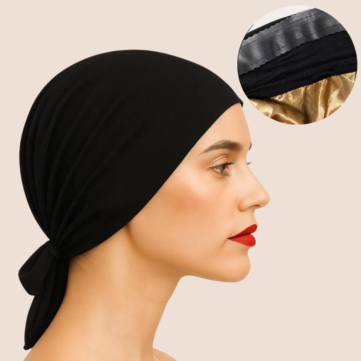 The SATIN GENTLE Grip Cap – Black | Non-Slip Undercap/Turban with Silicone Grip & Tie-Back by Get A Grip
