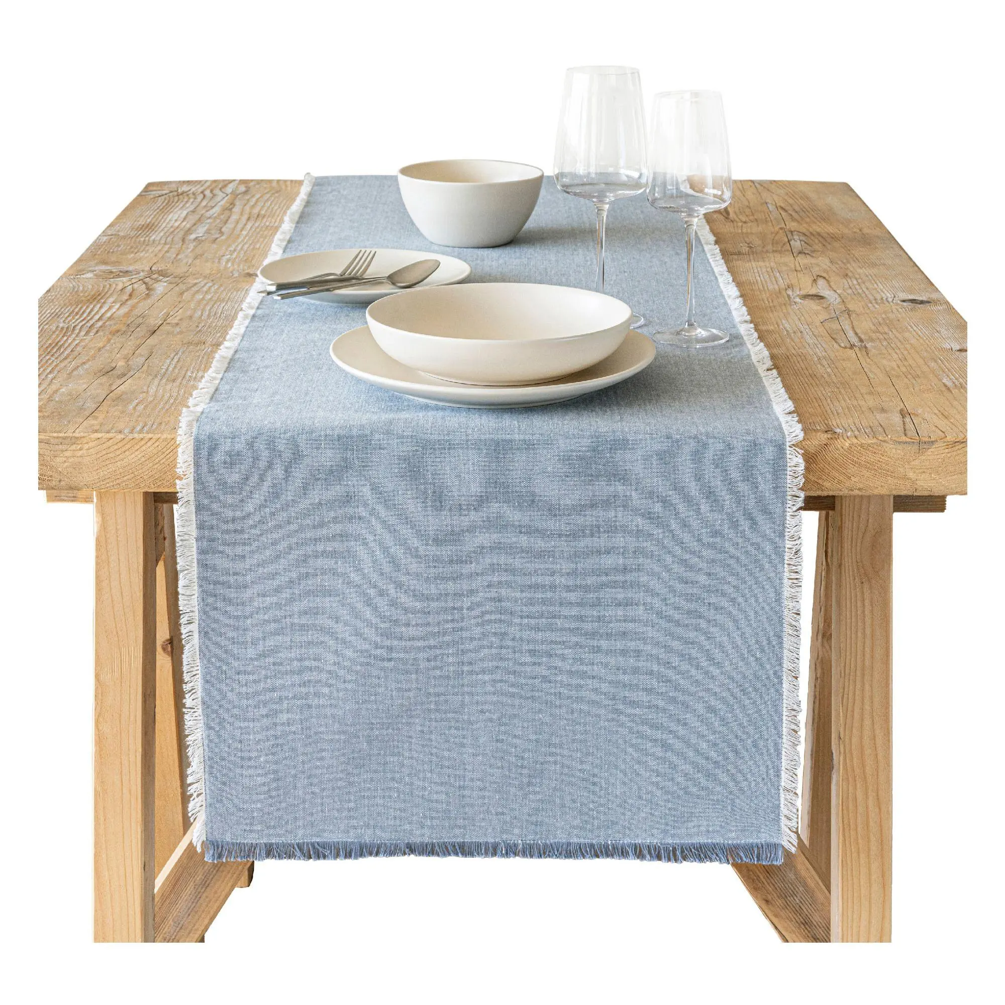 over&back Woven Frayed Chambray Cotton Table Ru nner