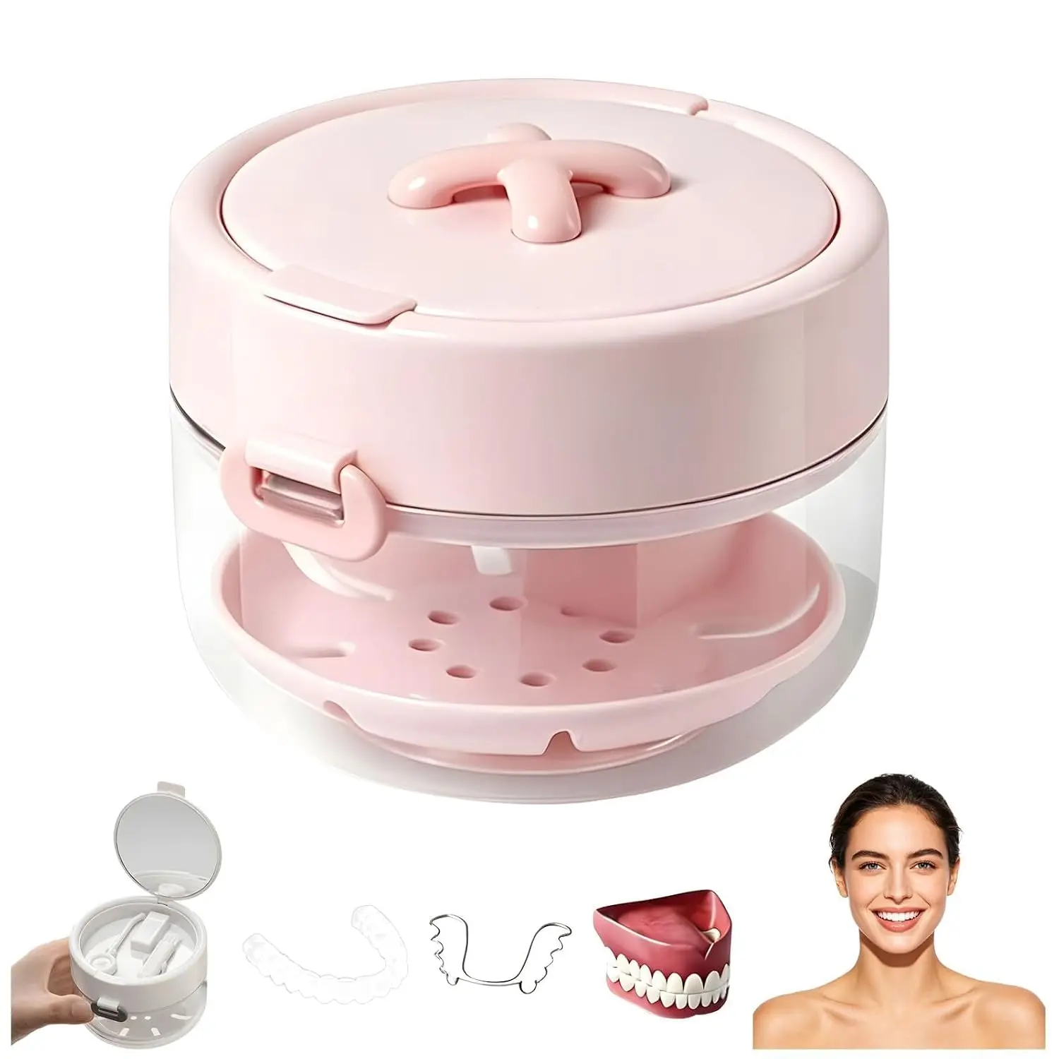 Retainer Cleaner Case,3-in-1 Storage ,Cleaning Box with Brush, Mirror, Auto-Rising Tray, Portable Dental Appliance Holder for Travel,Daily Care