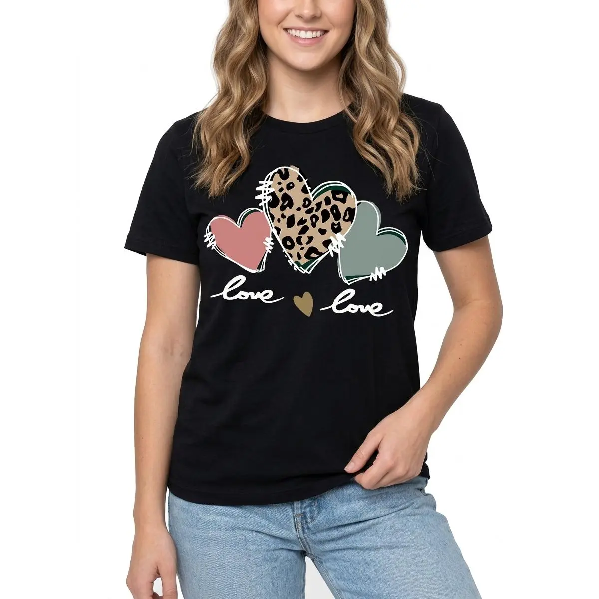 Triple Heart Love Tee Boho Graphic 100% Cotton Black S-5XL Women Romantic-aesthetic Casual-wear Trendy-gift Daily-outfit