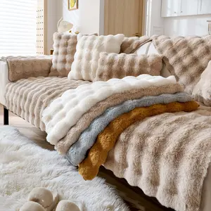 1 PC Solid colour Plush Sofa Cushion Cover, Fluffy Non-Slip Washable Couch Protector Pad, Sofa Towel Protector, Warm Sofa Slipcover Blanket for Winter, Pet-Friendly Soft Sofa Mat, Fits Armchair/Loveseat/3-Seater Sofa, Living Room Decor