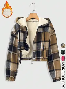 2026 Women's Plaid Print Hooded Zipper Warm Lined Short Jacket Long Sleeve Casual Outerwear Fall Winter Fashion Coat