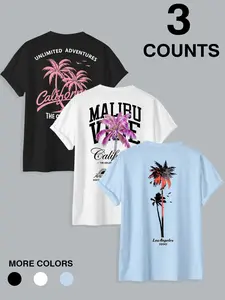Men's 3-Piece Tee Set: Malibu Vibes & Los Angeles 1990 Tropical Graphic Prints. Breathable Summer Crewnecks for That Perfect Skater Boy & Streetwear Style Look.