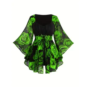 Print Top with Asymmetrical Batwing Sleeves and Drawstring Waist - V-Neck, Machine Washable Perfect for Valentine's Day Fabric Polyester Spandex Womenswear