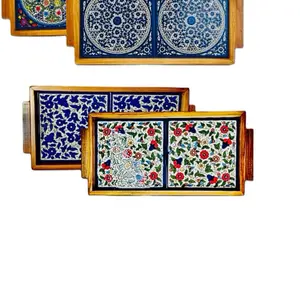 Sever Plates Serving Wooden Stylish 15x30cm Square Ceramic Tile & Olive Wood Tray Elegant Design for Palestine Heritage and Family Gatherings