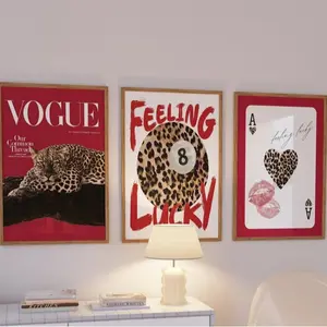 Set of 3 Poster Vintage Leopard Cheetah Print 8 Ball Lucky Red and Black Trendy Wall Art Gallery Preppy Luxury Home Decor