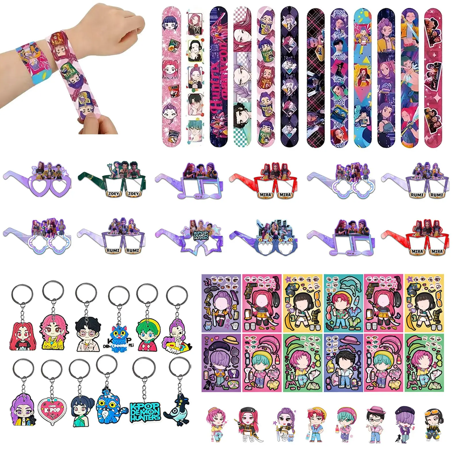 Korean Cartoon Girl Group Birthday Party Gift Set, 12 Bracelets, 12 Keychains, 12 Decorative Glasses, 12 Stickers, Perfect Birthday Party Gifts