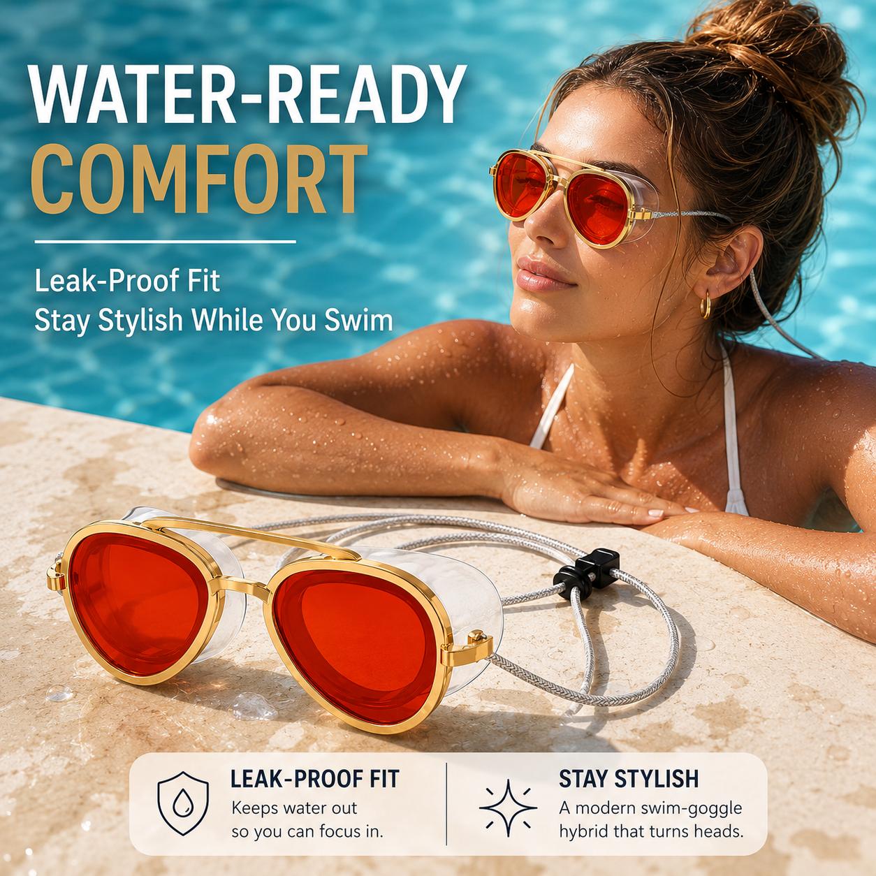 2-in-1 Polarized Swim Goggles & Sunglasses, Gold Frame Red Tinted Anti-Fog Goggles with UV Protection, 180° Wide View Silicone Seal for Adults