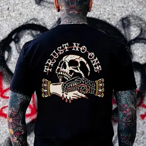 TRUST NO ONE Skull Snake Biting Hand Black Print Tshirt Breathable Cotton